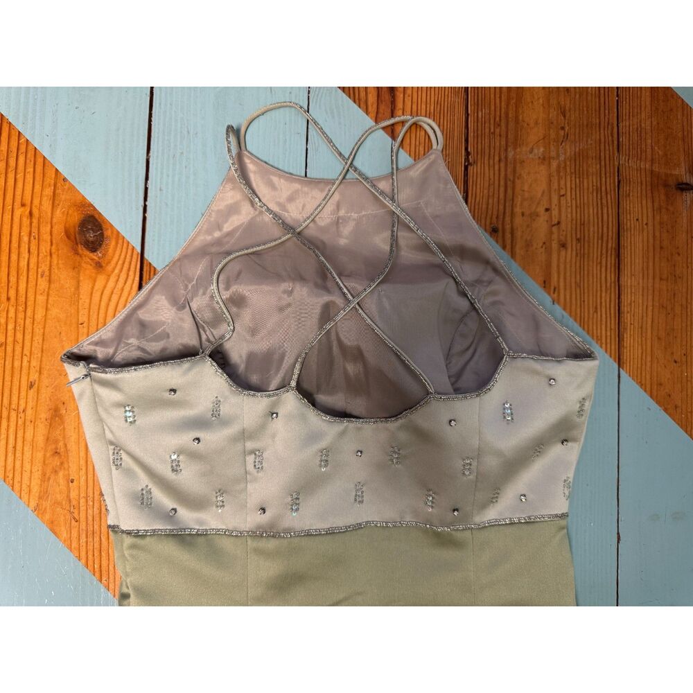 Fleur De Lis Sage Green Satin Beaded Maxi Dress Size 12 Fits Like 6